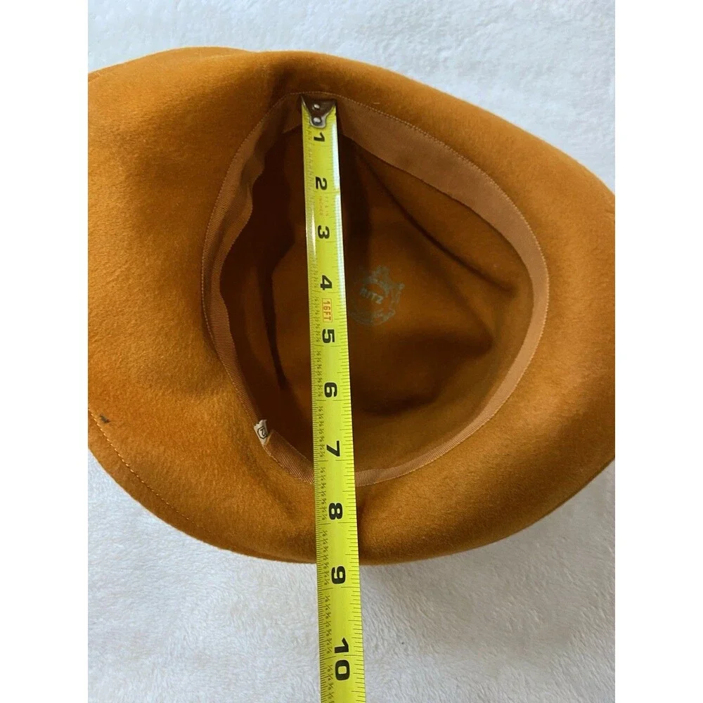 Vintage 1950s RITZ Henry Pollak Inc 100% Wool Mustard Gold Fedora Hat Bow Sz 22